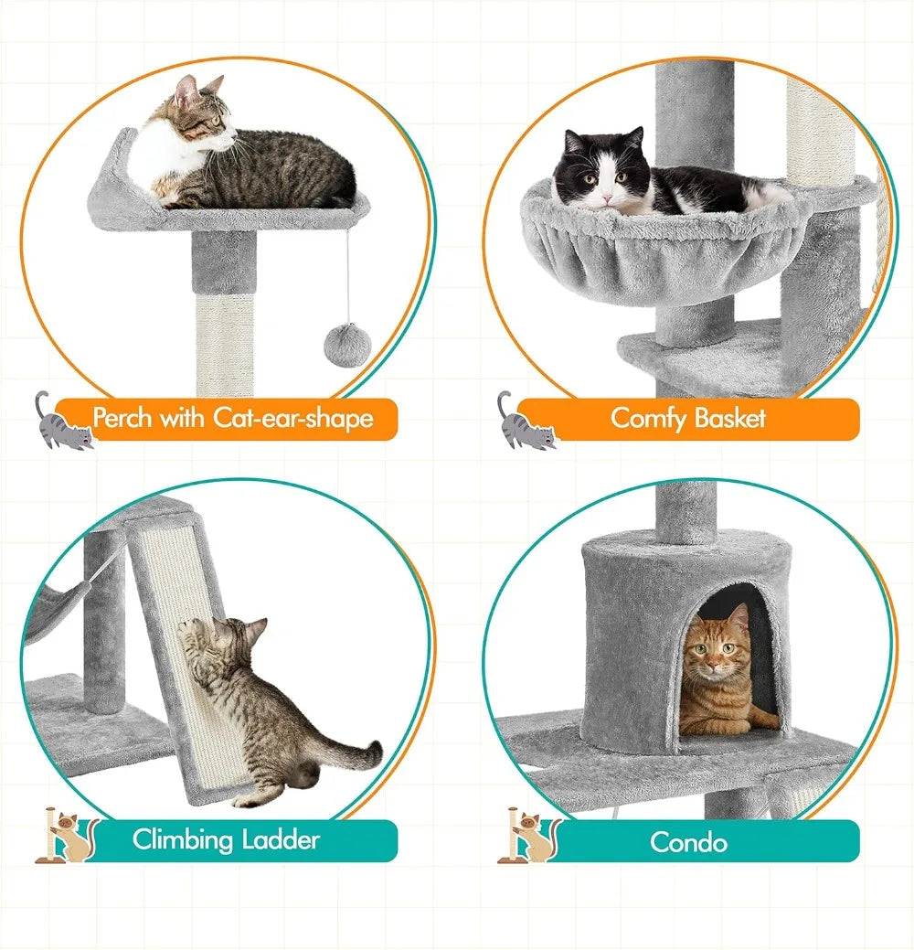 63.5in Multi-Level Cat Tree Tower Condo with Scratching Posts, Platform & Hammock, Cat Activity Center Play Furniture,Cats
