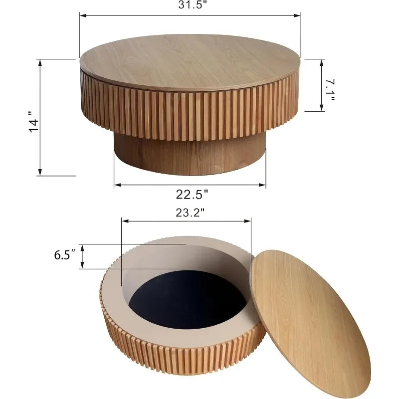 Round Coffee Table with Storage, 31.5" Modern Solid Wood Veneered Drum Coffee Table Circle Wood Table Side Table