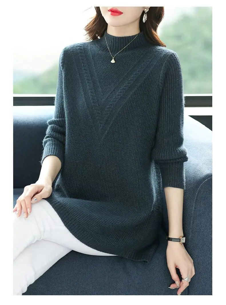 NEW Autumn Large Size Women Sweater Pullovers Fashion Half Turtleneck Knitted Dress Mother Long Sleeve Casual Long Wool Sweaters