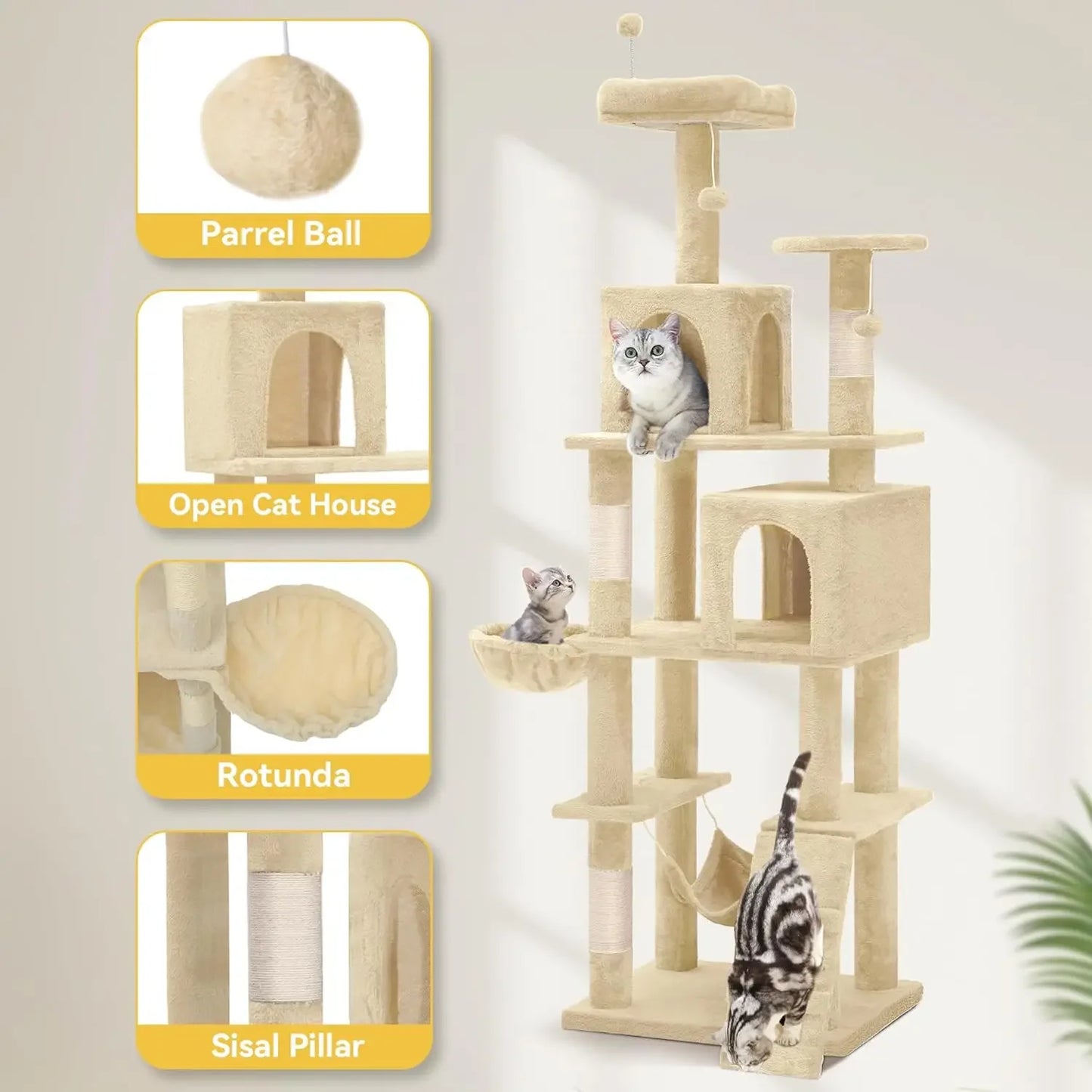 75-inch Indoor Cat Tree Tower, Multi-Level Pet Playground, Cat Furniture With Scratch Posts, Hideaway Condos, Soft Perch|
