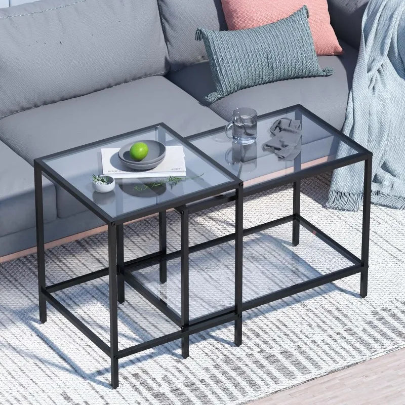 Nesting Coffee Table,Small Glass Coffee Table Set of 2, Modern Square Sofa Side Tea Table Black，Gold