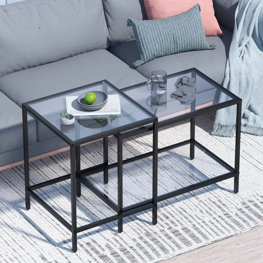 Nesting Coffee Table,Small Glass Coffee Table Set of 2, Modern Square Sofa Side Tea Table Black，Gold