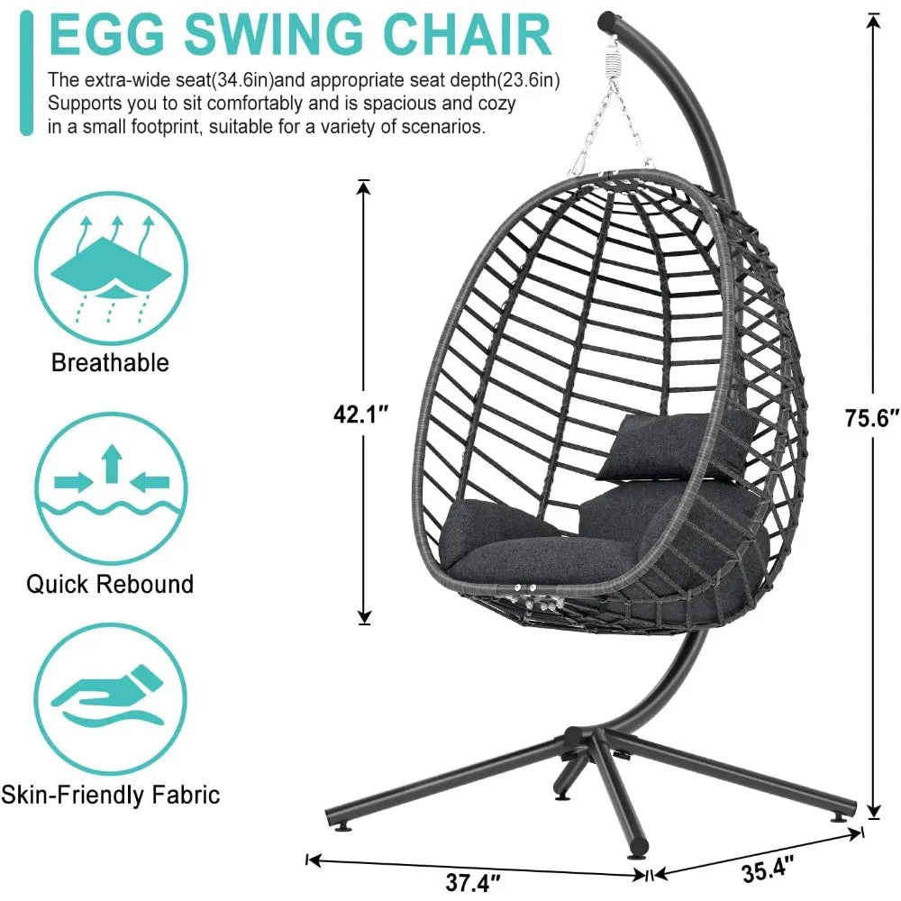 Egg Swing Chair with Stand, Outdoor Hanging Egg Chair with Stand, Indoor Eggs Chair with Cushion, Patio Wicker Swing Eggs