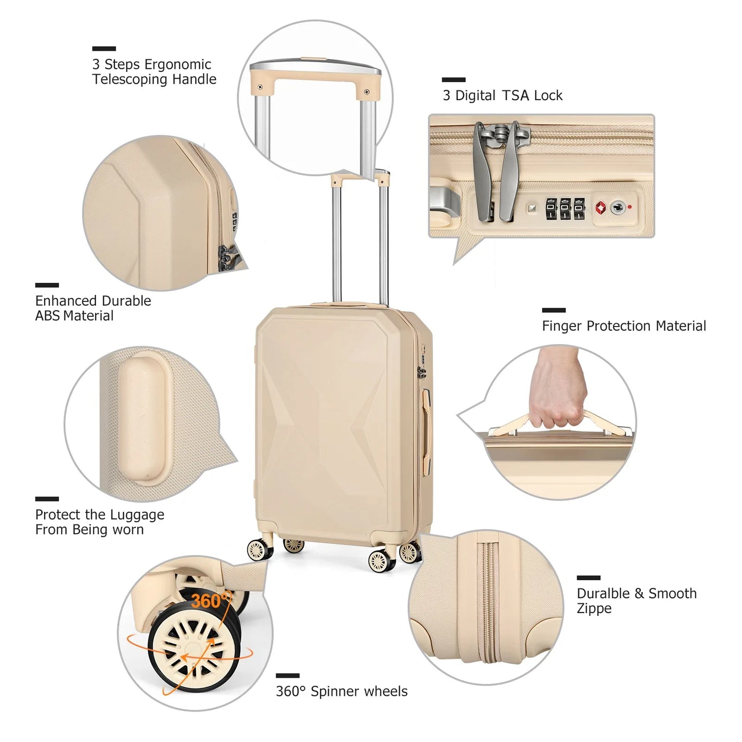 ABS material trolley box set of 3 pieces, ergonomically designed retractable handle for finger protection, smooth zipper luggage