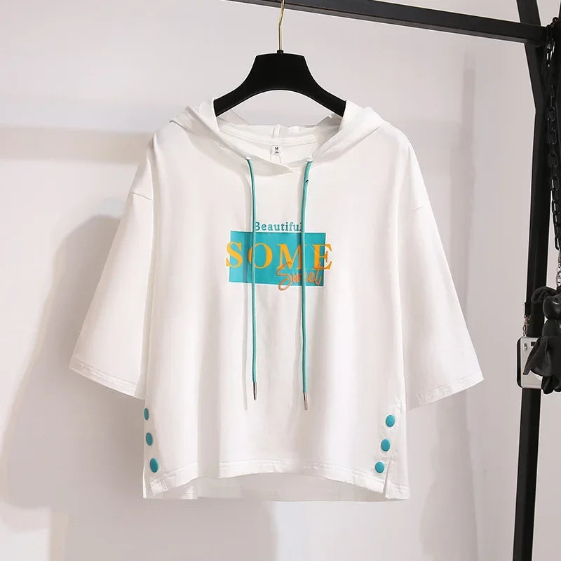 Summer 2023 new sun protection hooded short sleeve T-shirt schoolgirl clothes women's loose top women's clothing