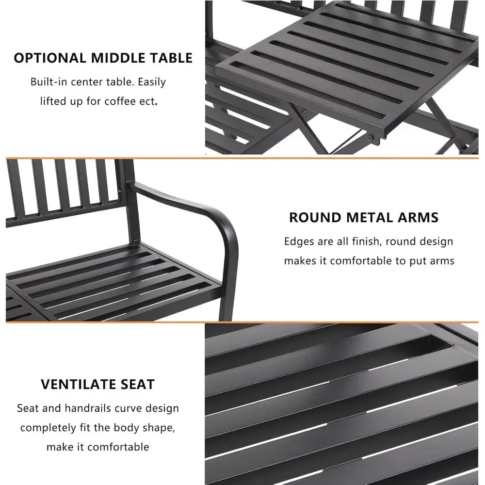 59" Outdoor Metal Bench Patio with Built in Table Park Garden, Outside es Weather Proof Front Porch