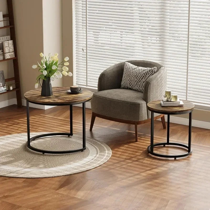 Nesting Coffee Table Set of 2, 23.6" Round Coffee Table Rustic Wood Top with Adjustable Non-Slip Feet, Industrial End Table