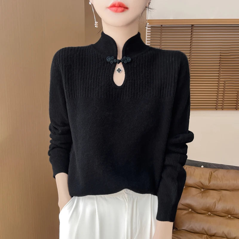 Women Merino Wool Sweater Mandarin Collar Pullover Chinese Style Cashmere Bottoming Knitwear Retro Long Sleeve Clothing Tops