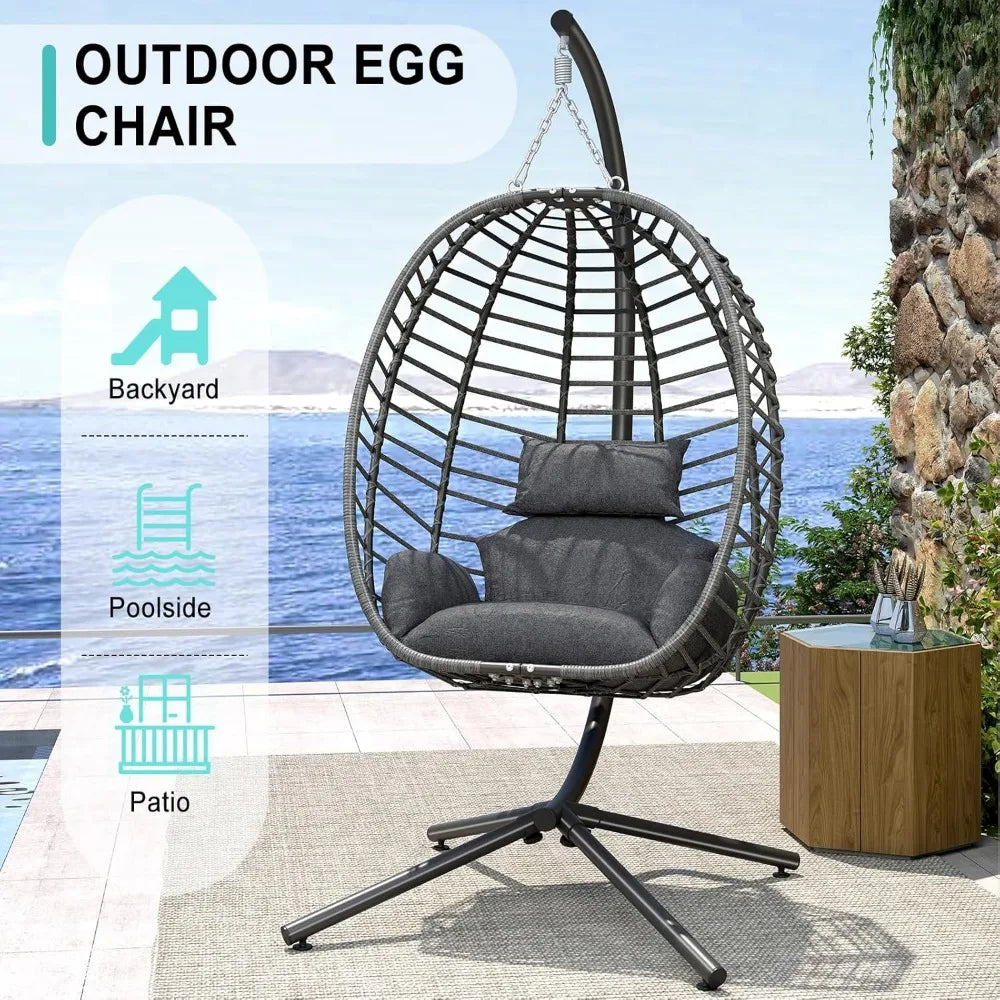 Egg Swing Chair with Stand, Outdoor Hanging Egg Chair with Stand, Indoor Eggs Chair with Cushion, Patio Wicker Swing Eggs