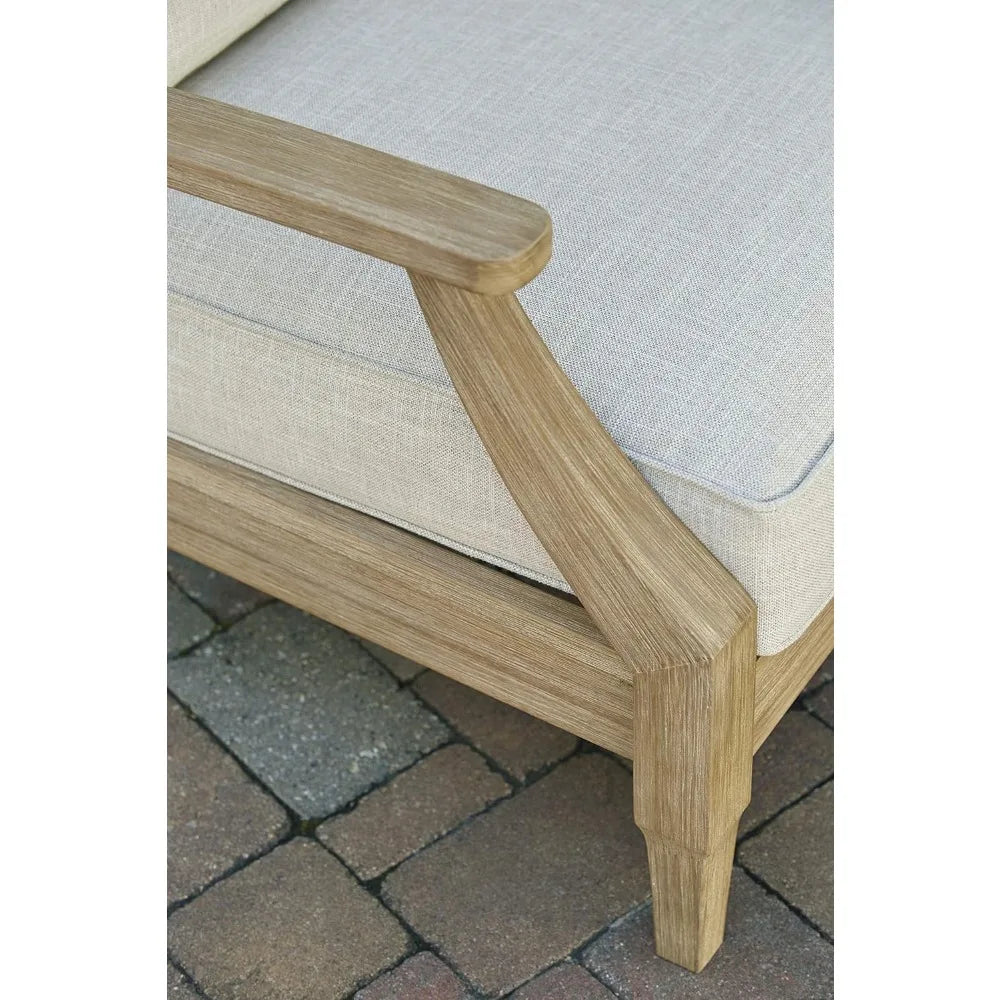 Outdoor Eucalyptus Wood Single Cushioned Lounge Chair for Patio, 30"D x 35"W x 37"H,Beige