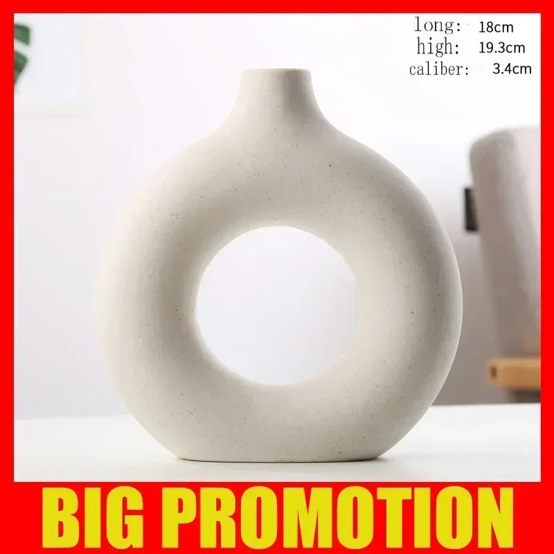 Nordic Vase Circular Hollow Ceramic Flower Vase for Home Living Room Decoration Accessories Interior Office Desktop Decor Gift