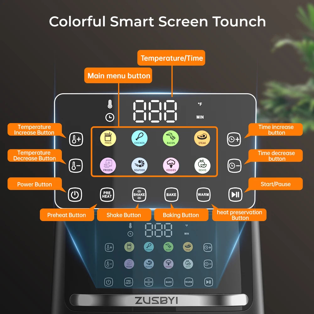 Air Fryer, ZUSBYI 6.5QT Air Fryer Oven With Smart Coloful Screen, 12 in 1 Customizable Functions, 1-Touch Digital Display