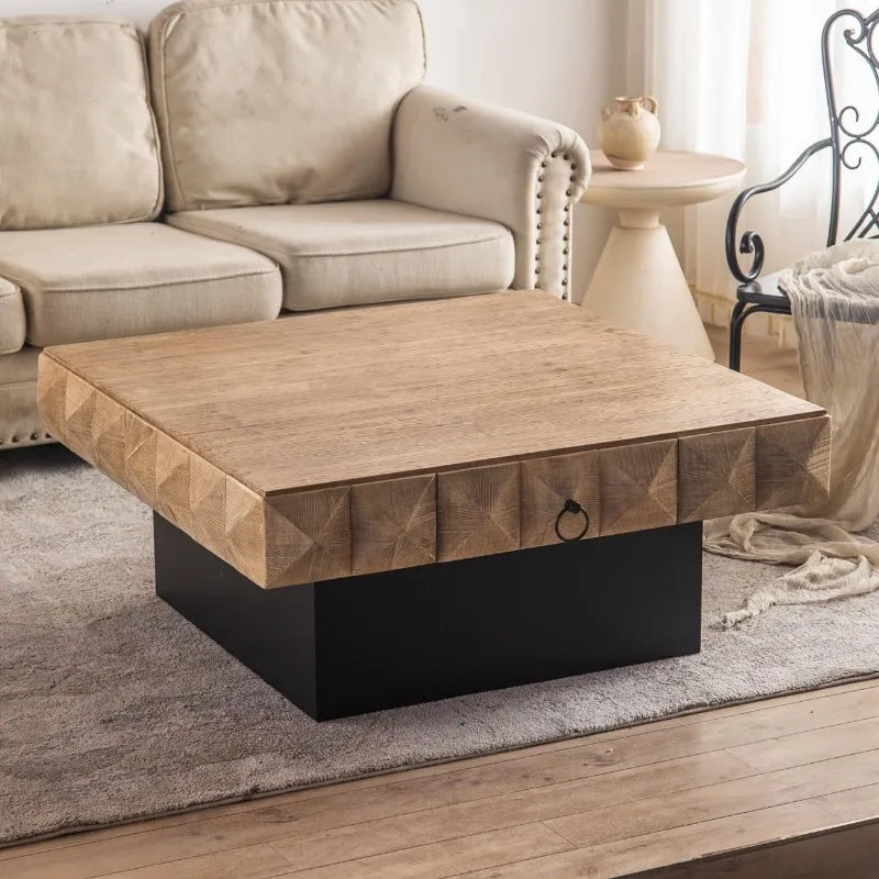 Diamond Shape  Coffee Table, Block Coffee Table， Wood Coffee Table with 2 Drawers for Living Room