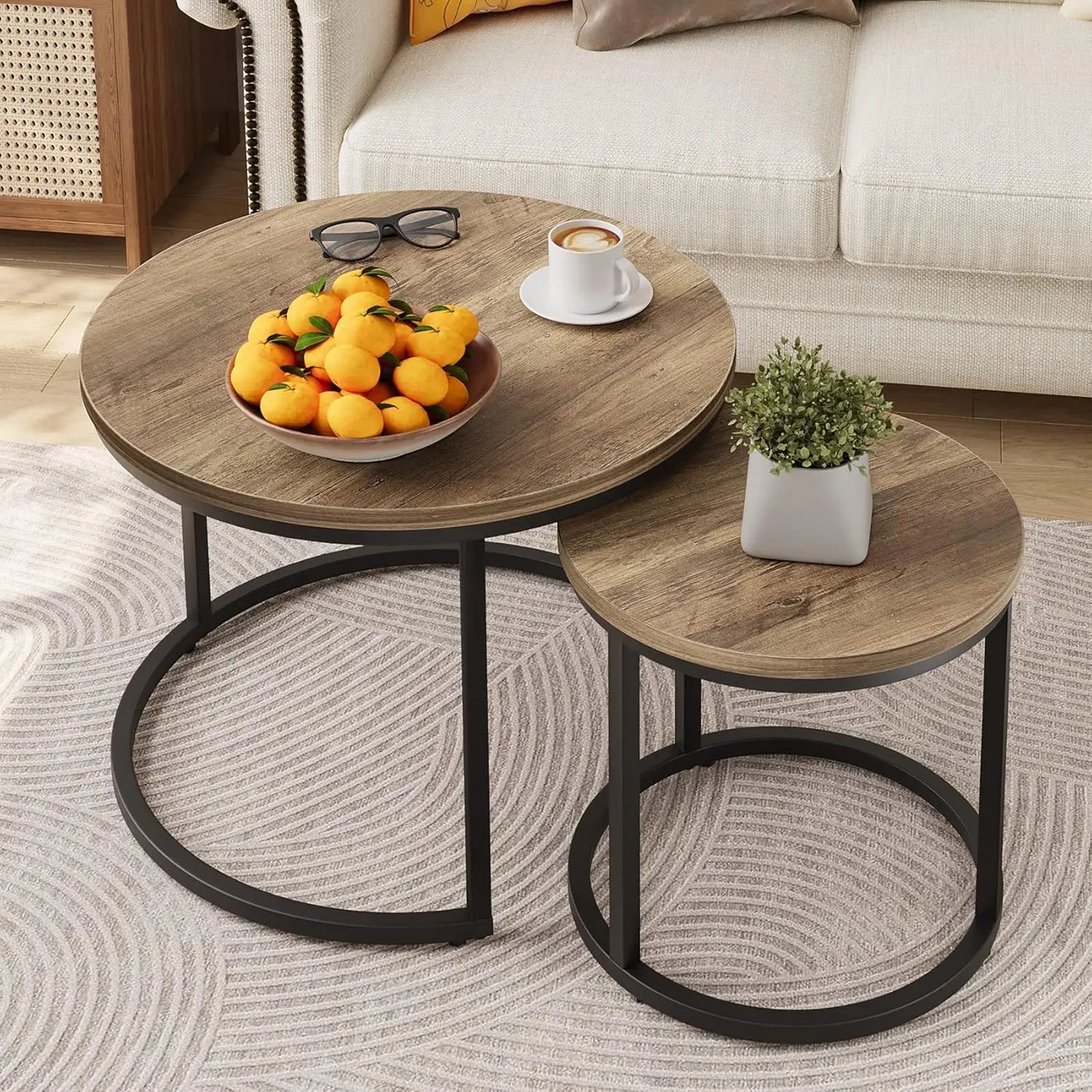 Nesting Coffee Table Set of 2, 23.6" Round Coffee Table Rustic Wood Top with Adjustable Non-Slip Feet, Industrial End Table