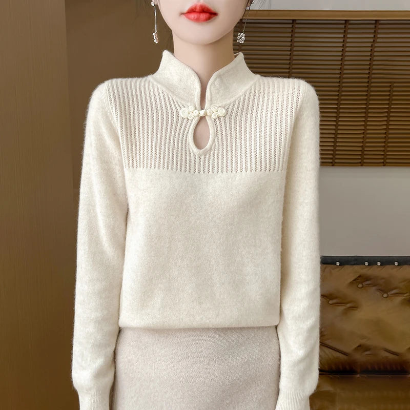 Women Merino Wool Sweater Mandarin Collar Pullover Chinese Style Cashmere Bottoming Knitwear Retro Long Sleeve Clothing Tops