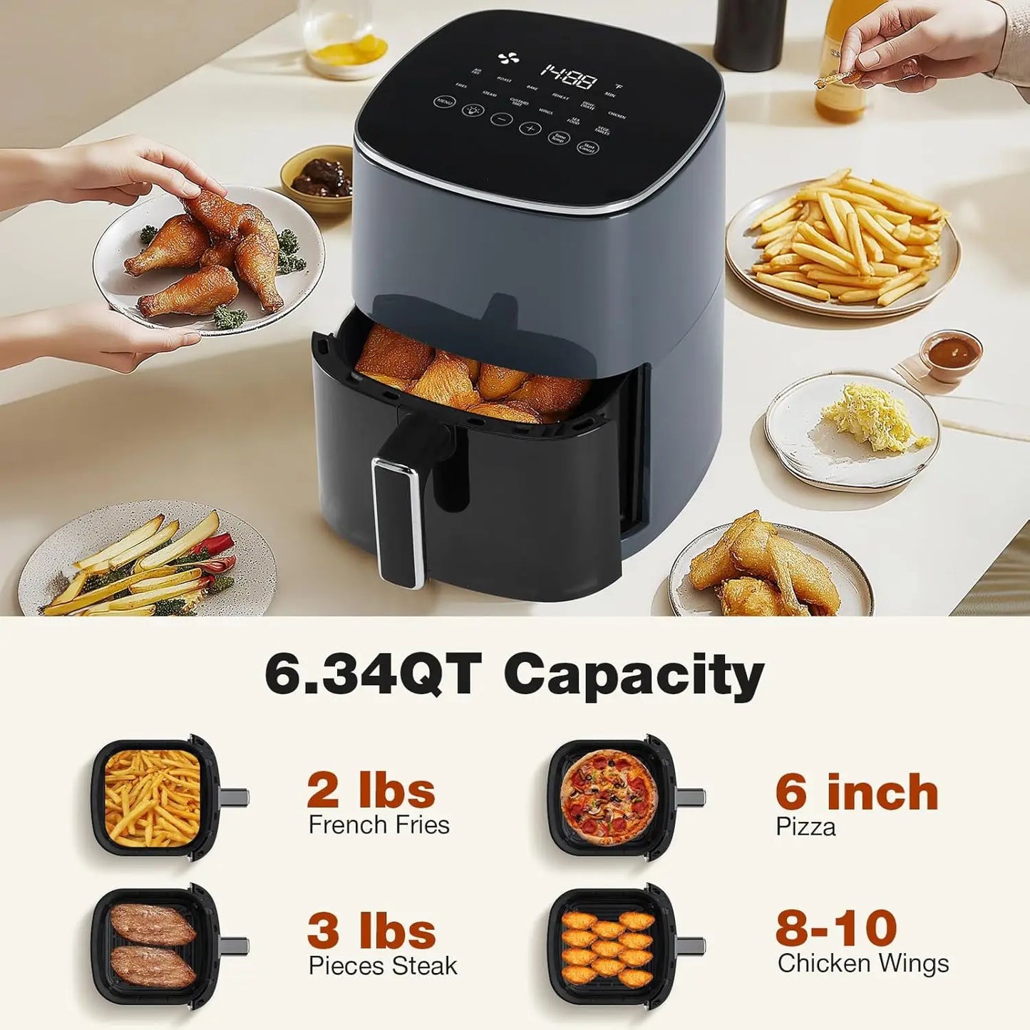 Air Fryer 6 Quart Capacity with Window Square Air Fryer 12-in-1 Air Fry, Roast, Reheat, Dehydrate, Bake, Steam with 400F