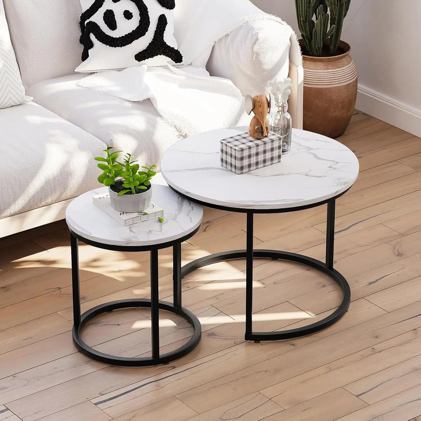 Nesting Coffee Table Set of 2, 23.6" Round Coffee Table Rustic Wood Top with Adjustable Non-Slip Feet, Industrial End Table