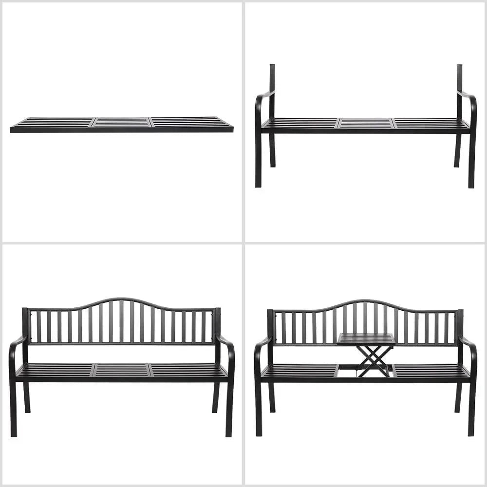 59" Outdoor Metal Bench Patio with Built in Table Park Garden, Outside es Weather Proof Front Porch