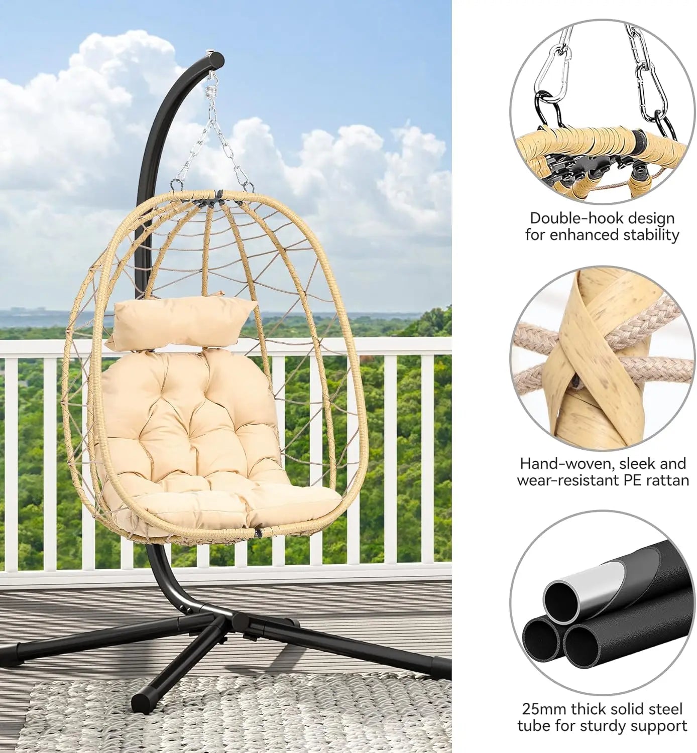 YITAHOME Hanging Egg Chair with Stand Swing Chair Wicker Indoor Outdoor Hammock Egg Chair with Cushions 330lbs for Patio, Bedroo