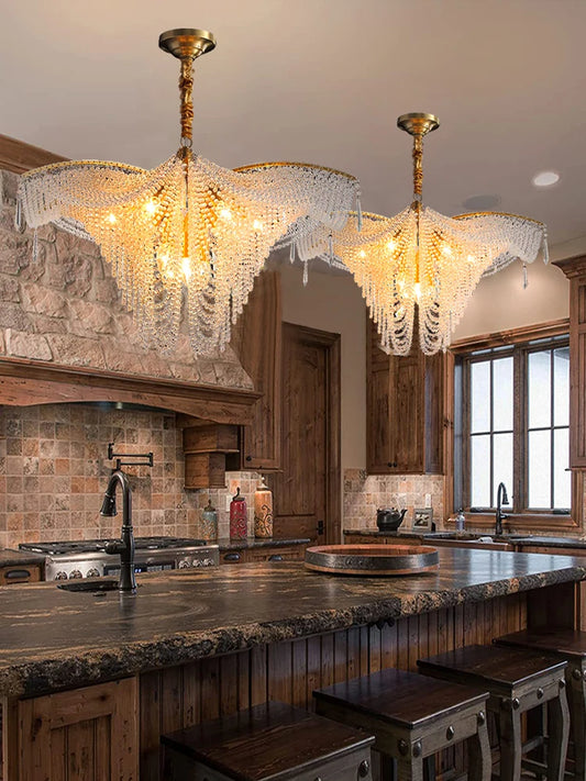 Vintage Luxury Copper Ceiling Chandeliers Crystal Bead Tassel Pendant LED Low Celing Lighting for Home Decor Lustres Cottage