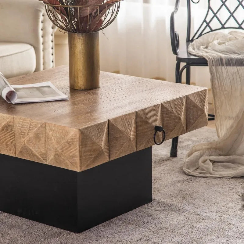 Diamond Shape  Coffee Table, Block Coffee Table， Wood Coffee Table with 2 Drawers for Living Room