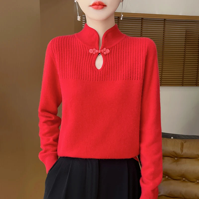 Women Merino Wool Sweater Mandarin Collar Pullover Chinese Style Cashmere Bottoming Knitwear Retro Long Sleeve Clothing Tops