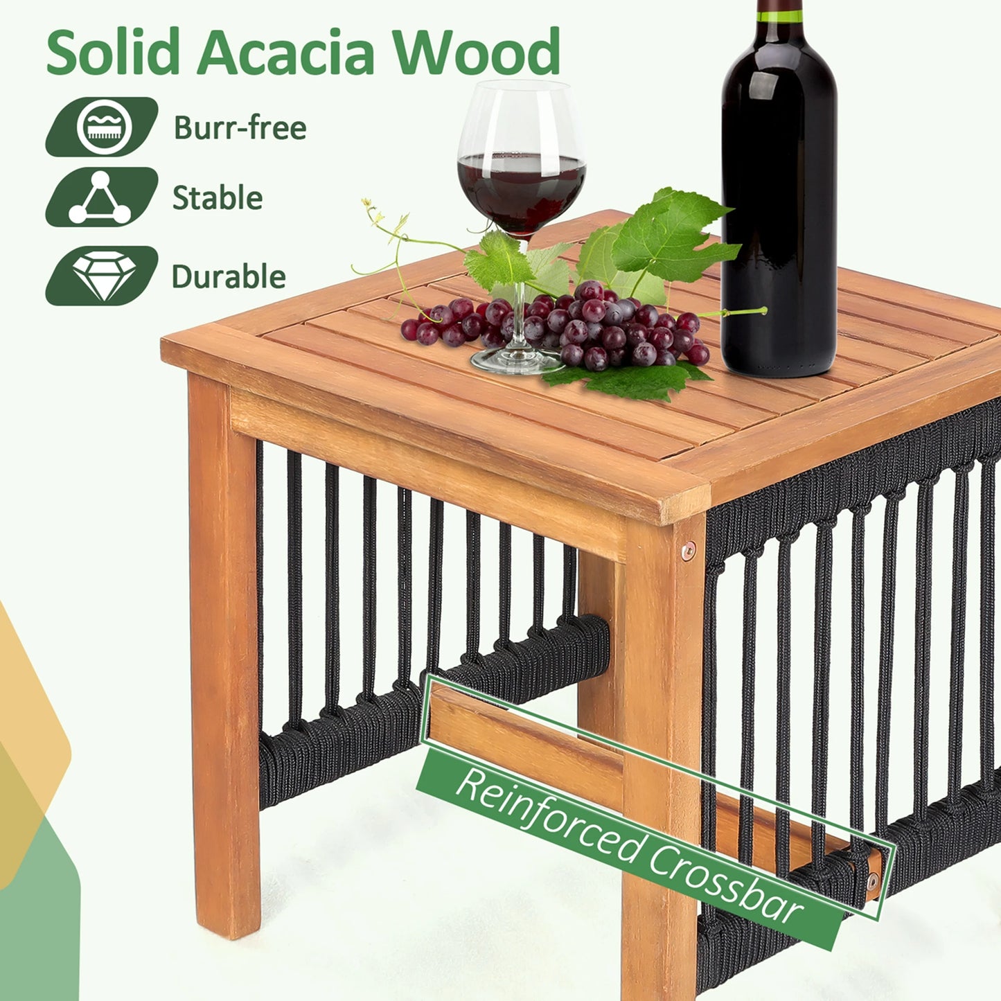 3pcs Patio Acacia Wood Bistro Table Rocking Chair Set All-Weather Rope Outdoor