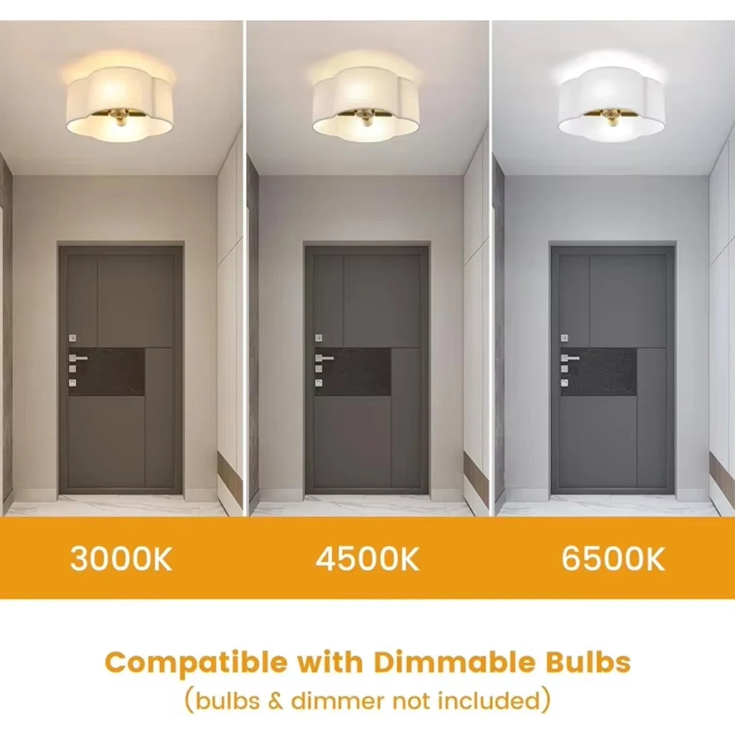 Semi Flush Mount Ceiling Light, Gold Drum Light Fixture with Cream White Fabric, Farmhouse Ceiling Lights Fixtures for Bedroom N