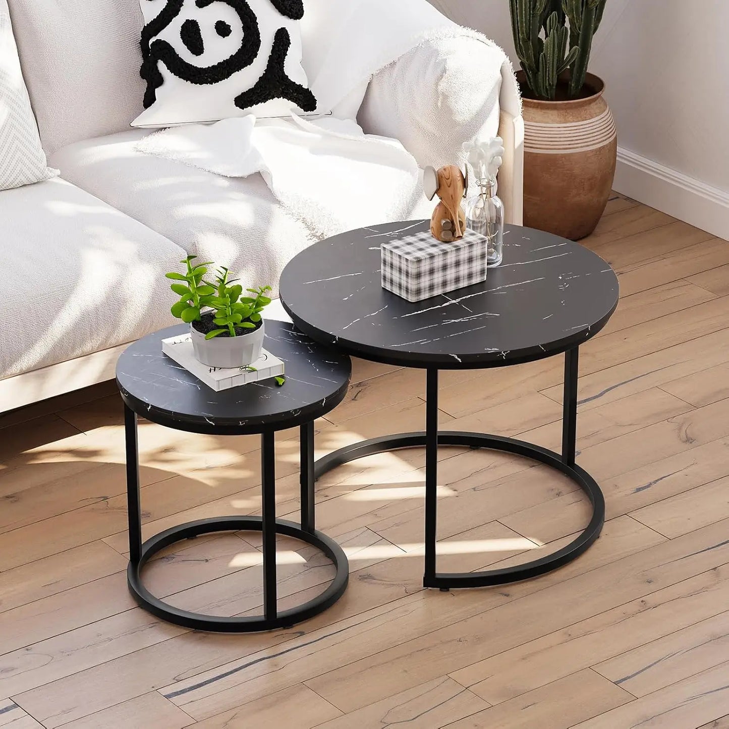Nesting Coffee Table Set of 2, 23.6" Round Coffee Table Rustic Wood Top with Adjustable Non-Slip Feet, Industrial End Table