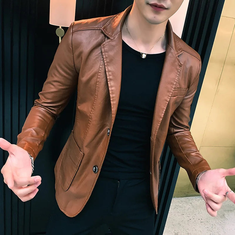 2022 Mens Leather Jacket and Coats New Spring and Autumn Men Business Casual Classic Pu Leather Suit Collar Slim Fit Jackets