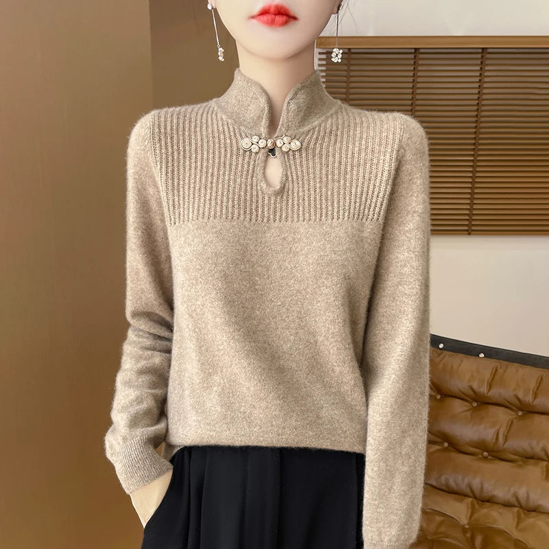 Women Merino Wool Sweater Mandarin Collar Pullover Chinese Style Cashmere Bottoming Knitwear Retro Long Sleeve Clothing Tops