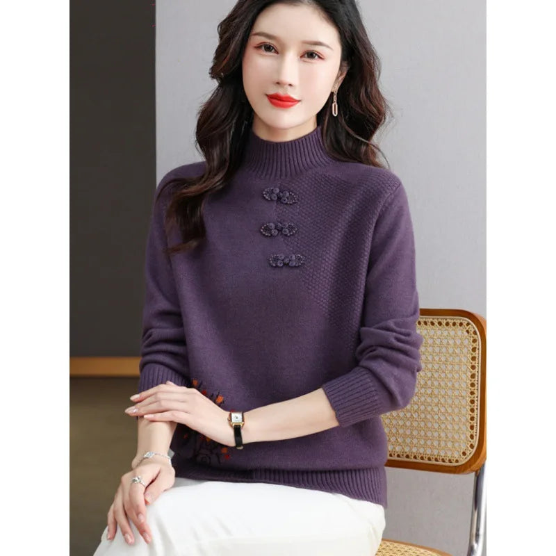 Vintage Woolen Half-neck Pullover In Autumn And Winter New Cashmere Sweater Women's Casual Knit Top Warm Bottoming Pull Tops