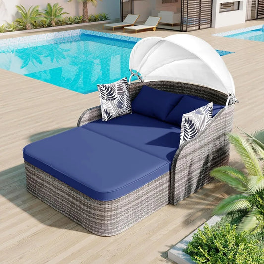 Outdoor Patio Sunbed Daybed with Adjustable Canopy,PE Wicker Rattan Daybed Double Chaise Lounger with Cushions