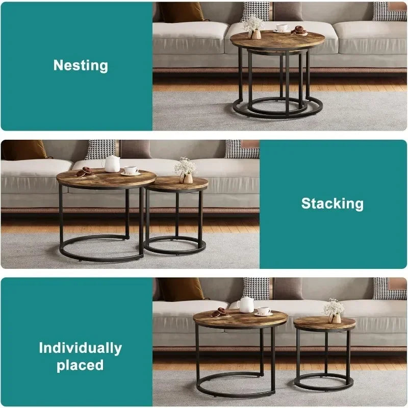 Nesting Coffee Table Set of 2, 23.6" Round Coffee Table Rustic Wood Top with Adjustable Non-Slip Feet, Industrial End Table