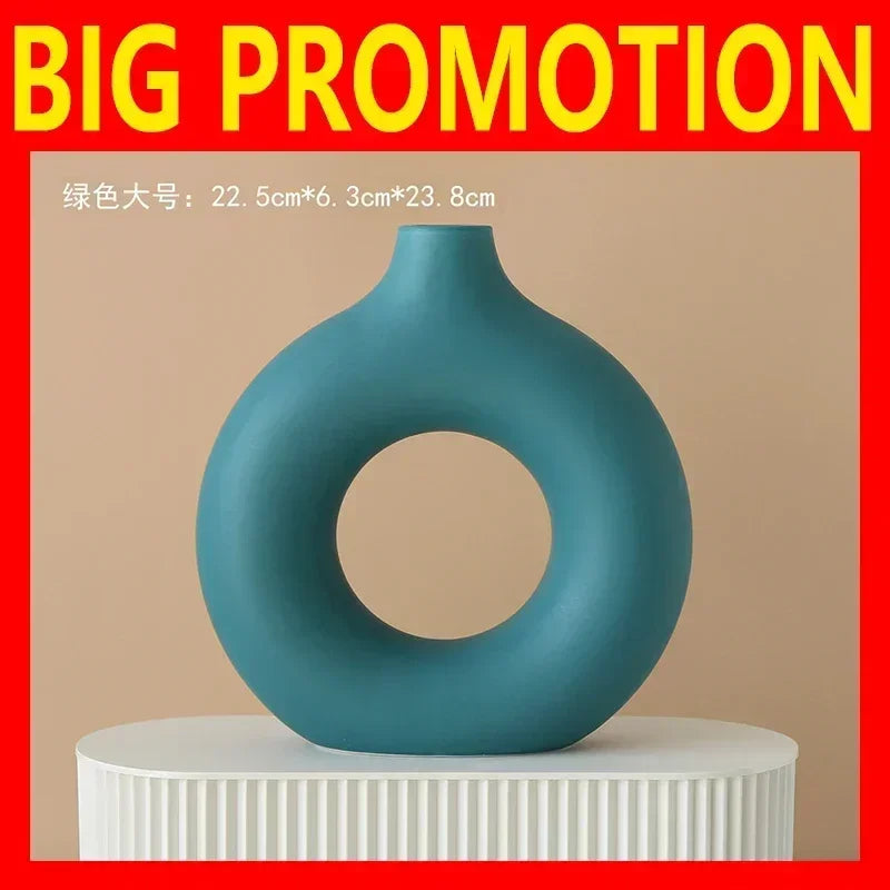 Nordic Vase Circular Hollow Ceramic Flower Vase for Home Living Room Decoration Accessories Interior Office Desktop Decor Gift