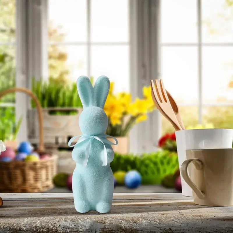 Flocked Bunny Figurine Flocked Tabletop Bunny Sculpture Decor Rabbit Shape Decoration Tool For Cupboard Bookshelf Fireplace