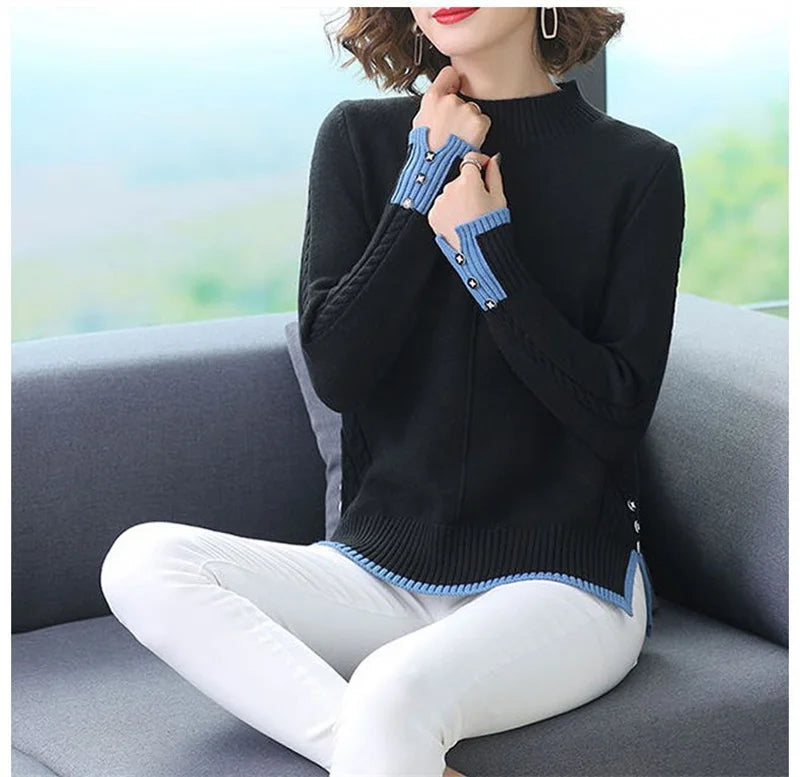 Spring Autumn Women Pullovers Korean Loose Solid Half Turtleneck Sweater Ladies Long Sleeve Jumper Tops Female Knitted Sweater