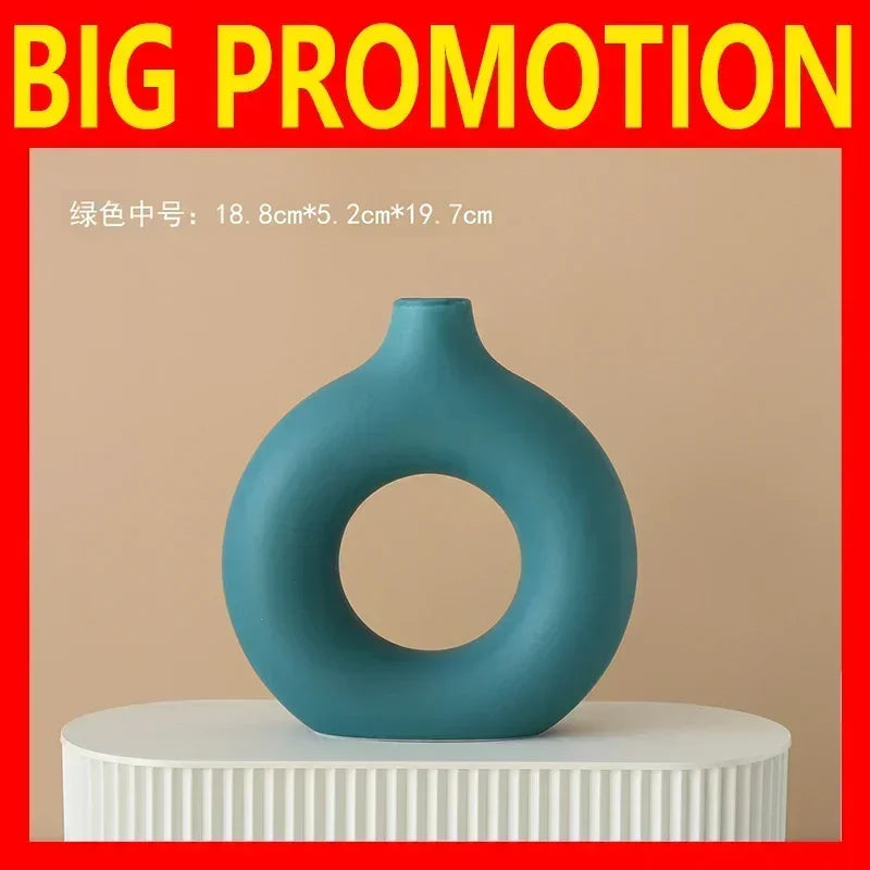 Nordic Vase Circular Hollow Ceramic Flower Vase for Home Living Room Decoration Accessories Interior Office Desktop Decor Gift