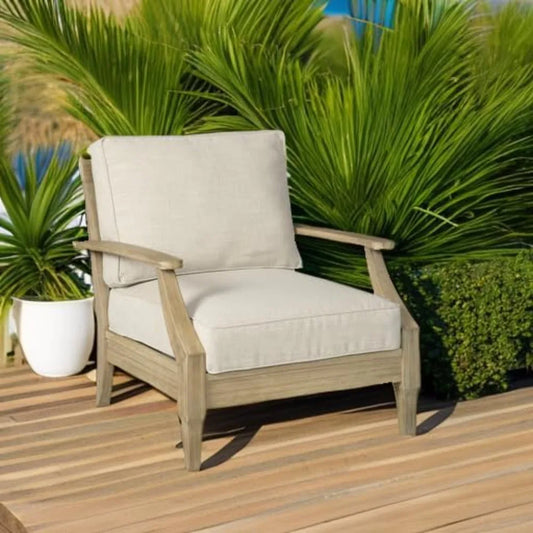 Outdoor Eucalyptus Wood Single Cushioned Lounge Chair for Patio, 30"D x 35"W x 37"H,Beige