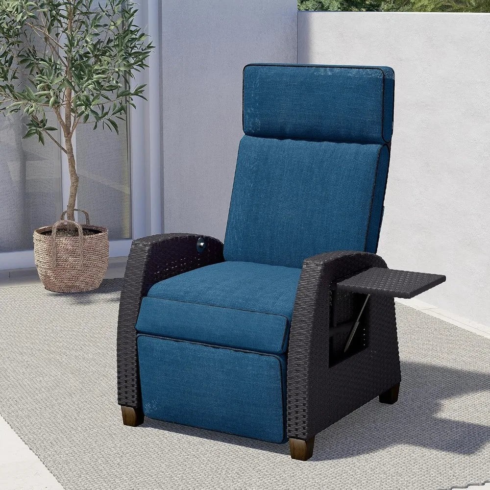 Garden Patio Outdoor Recliner Chair Patio 150° Lay Flat Recliner with Flip Table Wicker Reclining Lounge Chair, Sun Loungers