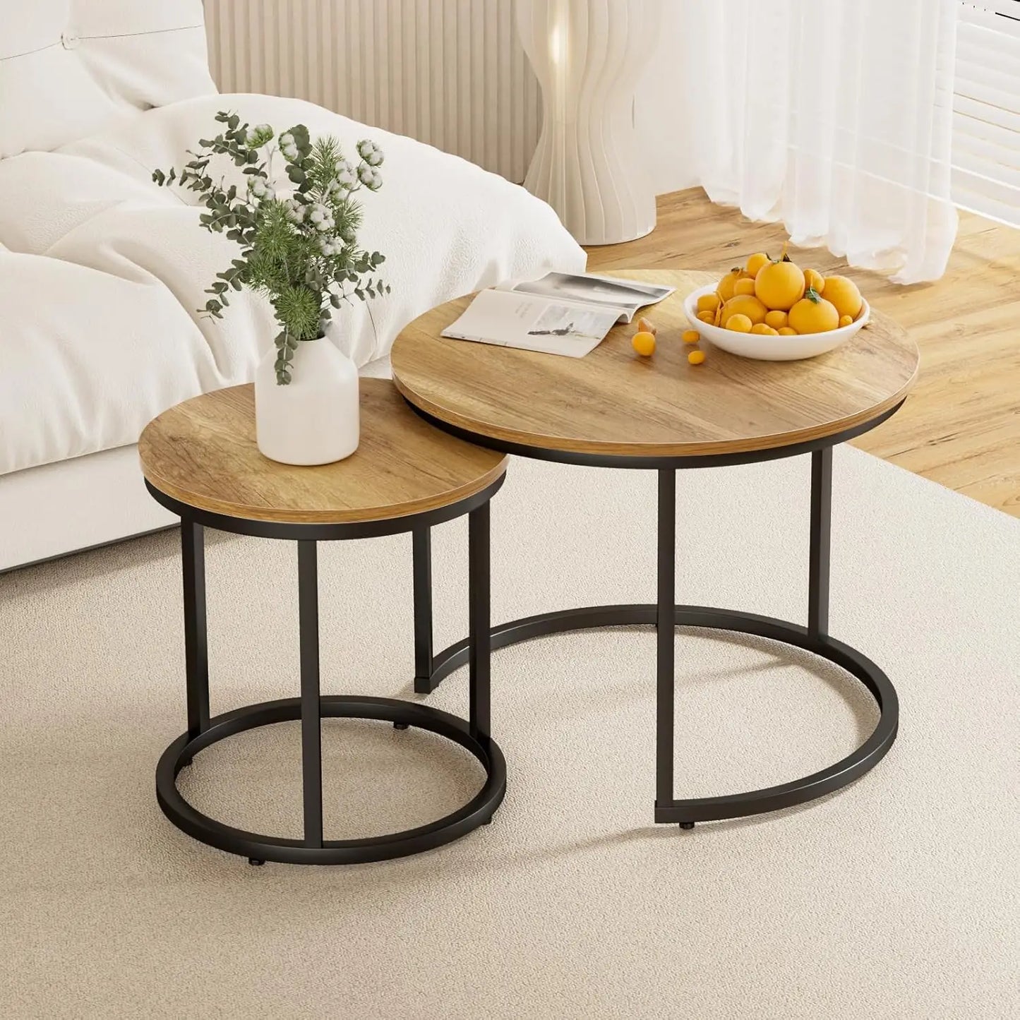 Nesting Coffee Table Set of 2, 23.6" Round Coffee Table Rustic Wood Top with Adjustable Non-Slip Feet, Industrial End Table
