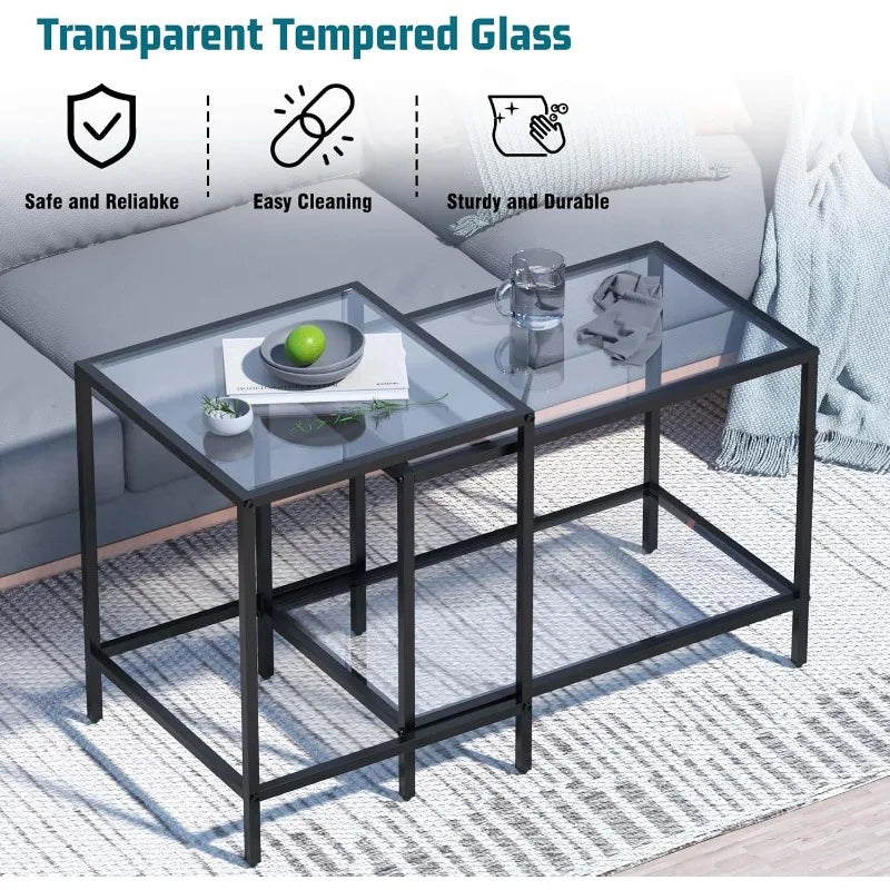 Nesting Coffee Table,Small Glass Coffee Table Set of 2, Modern Square Sofa Side Tea Table Black，Gold