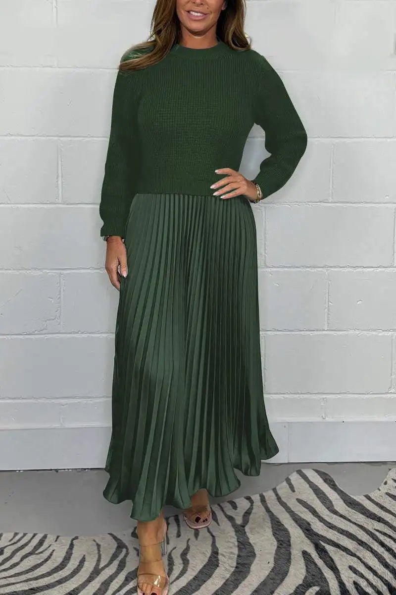 Women's solid color Long Sleeve Jumper Pleated Bottom Dress S-3XL Elegant and stylish pleat dresses with round neck for women