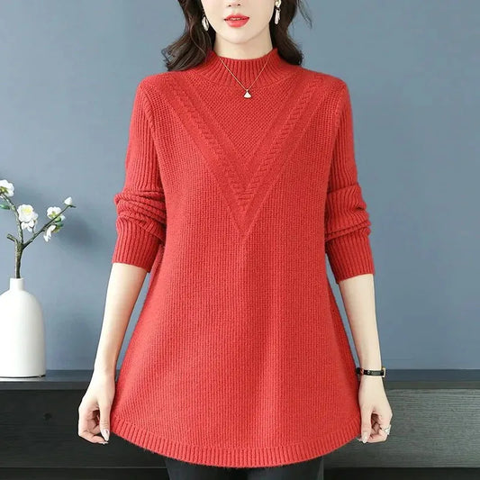 NEW Autumn Large Size Women Sweater Pullovers Fashion Half Turtleneck Knitted Dress Mother Long Sleeve Casual Long Wool Sweaters