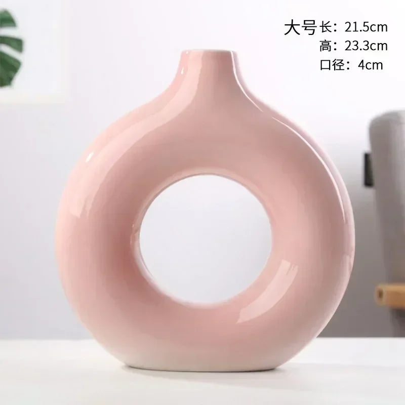 Nordic Vase Circular Hollow Ceramic Flower Vase for Home Living Room Decoration Accessories Interior Office Desktop Decor Gift