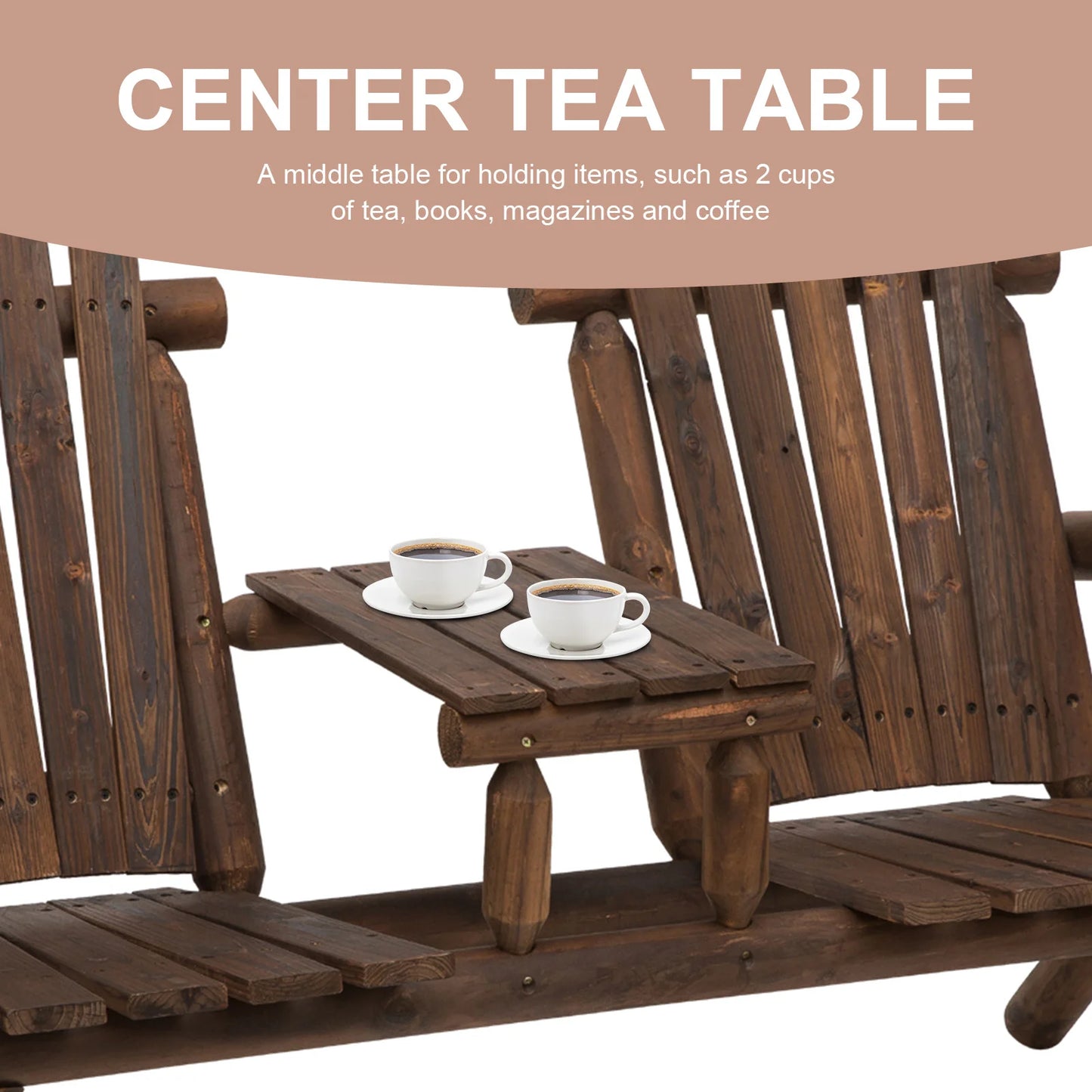 Outdoor Patio Adirondack Double Bench with Center Table, Carbonized