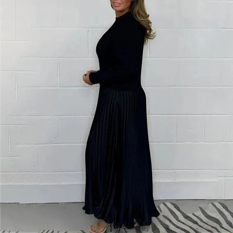 Women's solid color Long Sleeve Jumper Pleated Bottom Dress S-3XL Elegant and stylish pleat dresses with round neck for women