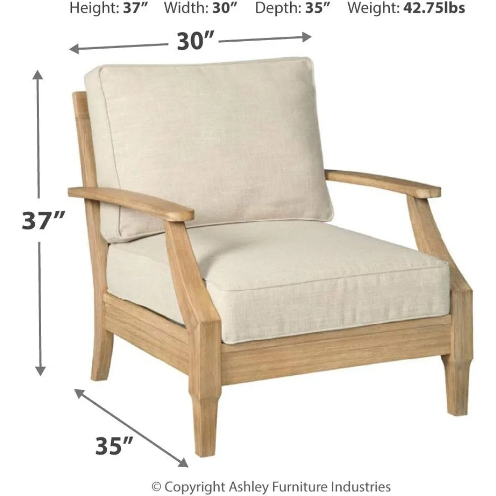 Outdoor Eucalyptus Wood Single Cushioned Lounge Chair for Patio, 30"D x 35"W x 37"H,Beige