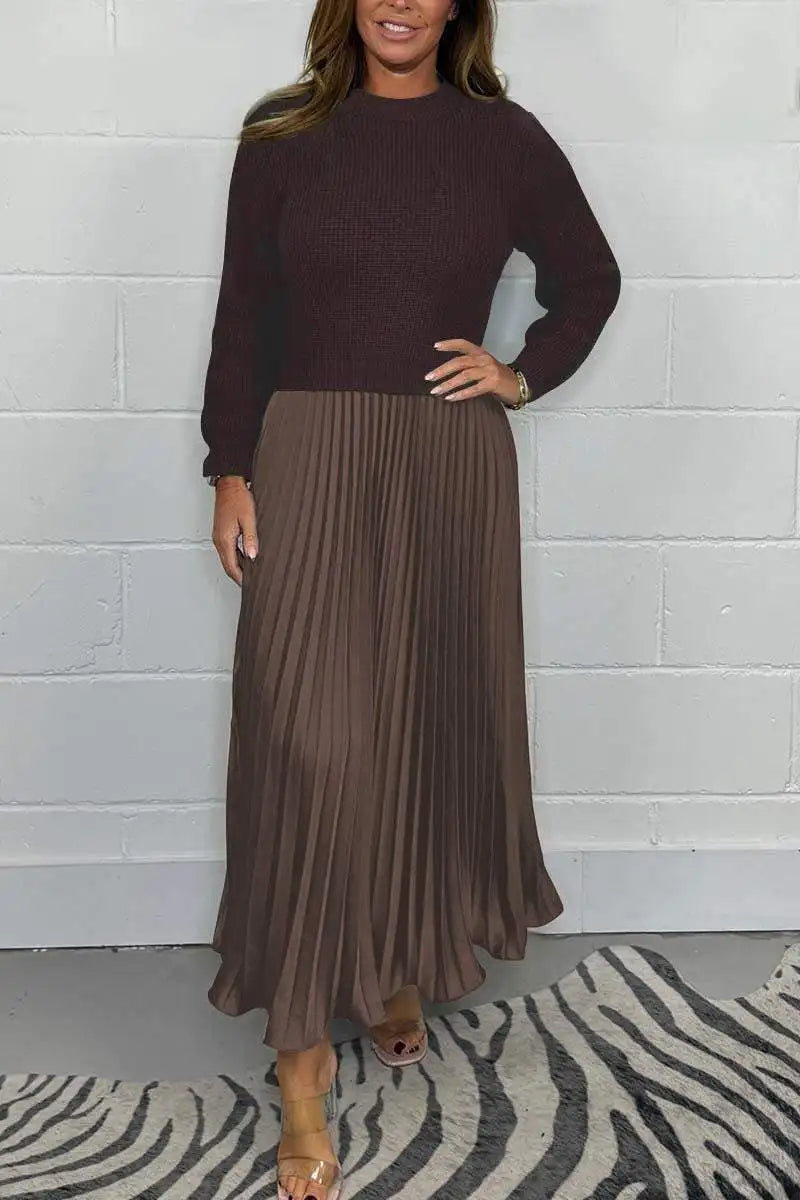 Women's solid color Long Sleeve Jumper Pleated Bottom Dress S-3XL Elegant and stylish pleat dresses with round neck for women
