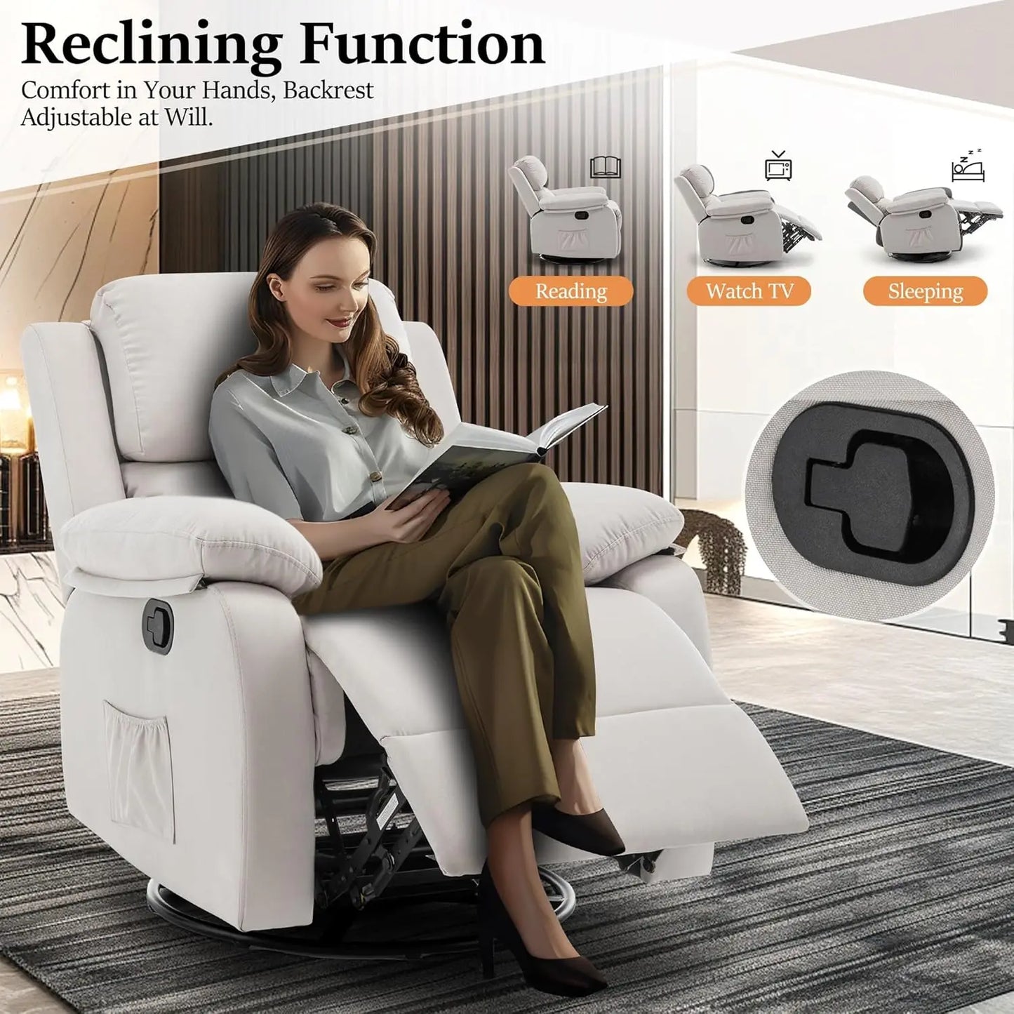 Recliner Chair, 360 Swivel Rocker Chair for Adults, Small Rocking Recliner Chair for Small Spaces, Upholstered Fabric Glider